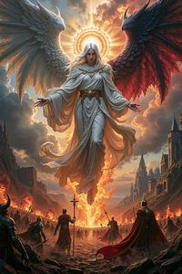 Dark Fantasy Wandbild: SERAPHION – Der gespaltene Engel greift in eine Schlacht ein