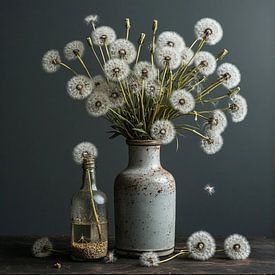 Eine alte Milchflasche mit flauschigem Löwenzahn. von J.a Dijkstra