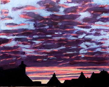Rode lucht boven het Maris kwartier Vlaardingen. van Antonie van Gelder Beeldend kunstenaar