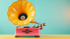 Gramophone rétro rose et jaune de style vintage sur fond bleu aquamarine