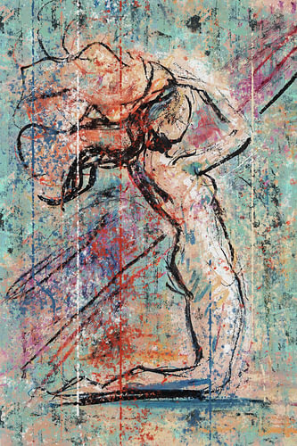Vrouwelijk naakt - abstract werk in turquoise oranje roze en paars