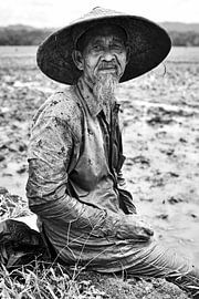 Javaanse boer met kegelvormige hoed aan het werk op het platteland van Frank Photos