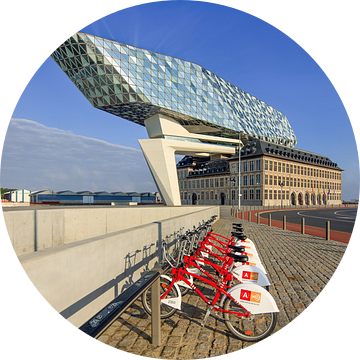 Antwerpen Havenhuis tegen blauwe hemel met de fiets station van Tony Vingerhoets