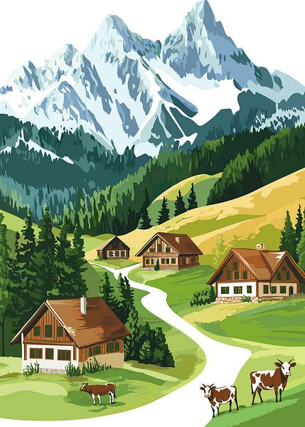 Alpenlandschaft mit Berghütten und Weidekühen von Pixelbull Design