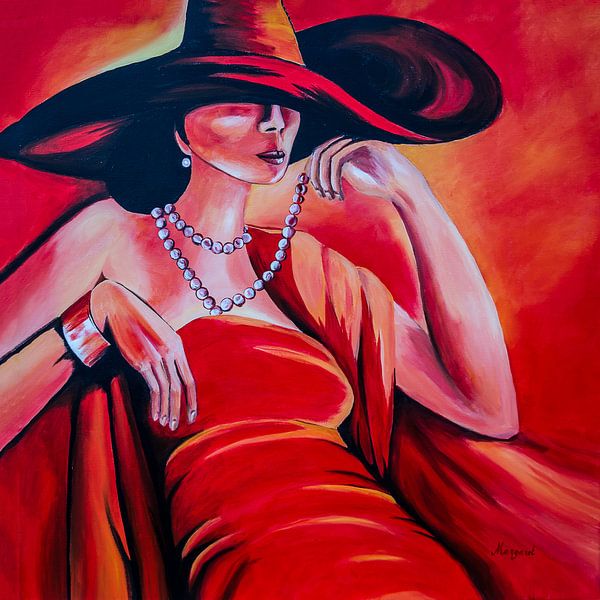 dame in rood by Angelique van den Berg