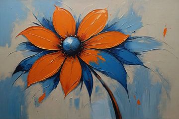 Orange-blaue Blüte mit leuchtenden Tropfen von De Muurdecoratie
