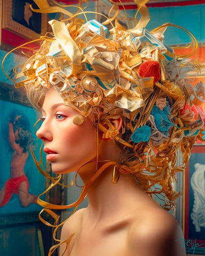 Penelope mit Haaren, die mit bunten Satinbändern umwickelt sind