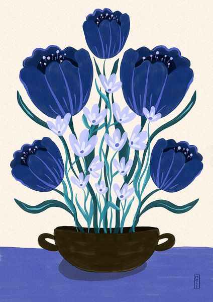 Blue Berry Dreams Floral Illustration by Dirkie Nell