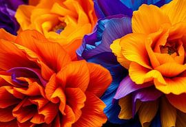 Lebendiger Tango: Eine Nahaufnahme der schillernden orangefarbenen und königsblauen Blumenharmonie