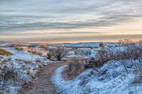 Duinen, sneeuw en zonsopgang in Egmond aan Zee