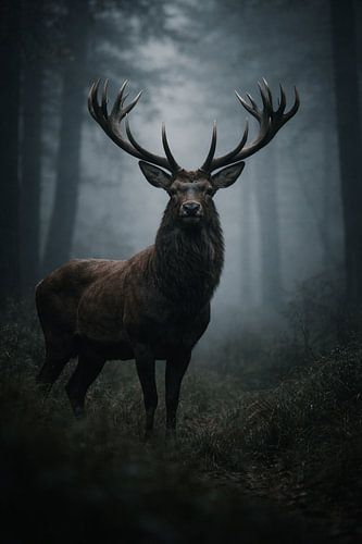 Majestic Red Deer in Mystical Mist Forest – Dark and Atmospheric Wildlife Portrait with Impressive Antlers