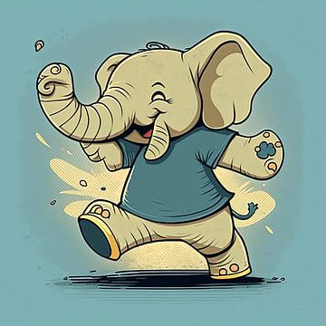 Lopende lachende olifant cartoon van Harvey Hicks