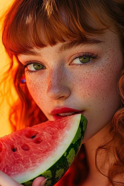 Fruchtige Frische: Mädchen mit Wassermelone von Poster Art Shop