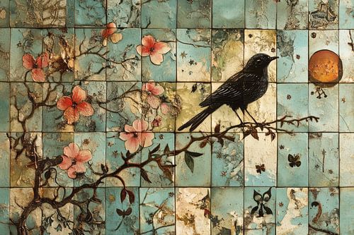 Betoverend kunstwerk in blauw en groen van ouderwetse tegels