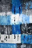 Compositie vierkantjes in zwart, wit en blauw