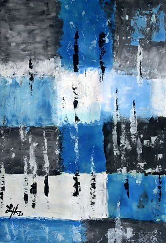 Compositie vierkantjes in zwart, wit en blauw