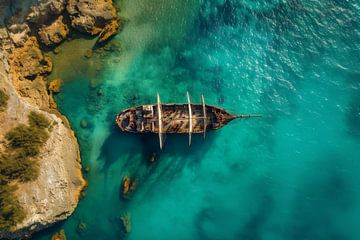 Een oud piratenschip ligt eenzaam in de blauwe zee van Digitale Schilderijen