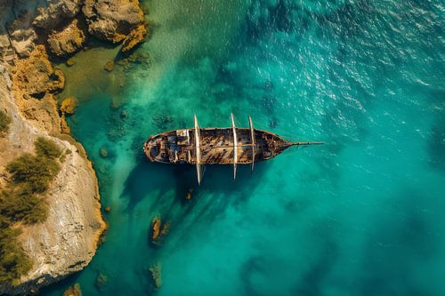 Een oud piratenschip ligt eenzaam in de blauwe zee