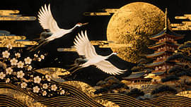 Japan Golden Moon Pagoda Cranes by my pixel art