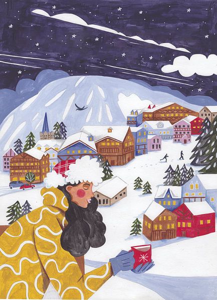 Moderne vrouw in winterlandschap met bergen van Caroline Bonne Müller