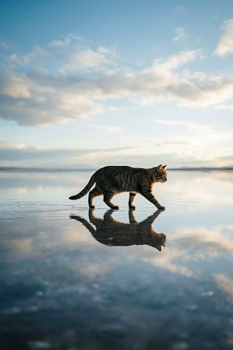 Katze, die auf einer spiegelglatten Wasseroberfläche läuft