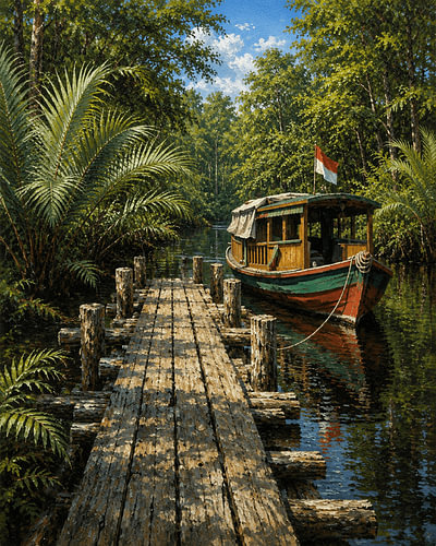 Traditioneller Holzsteg am Blackwater River – Regenwald von Kalimantan, Indonesien
