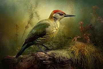 Groene Specht - Herfst Vogel Schilderij Wanddecoratie van Joriali fotografie en schilderijen