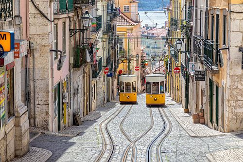Zwei alte, gelbe Straßenbahnen begegnen sich in Lissabon