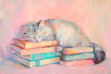 Kat slaapt op boeken van Poster Art Shop