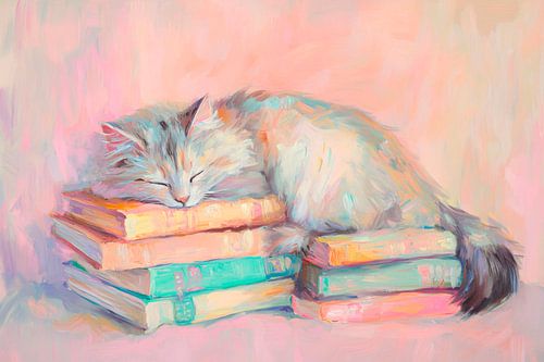 Kat slaapt op boeken