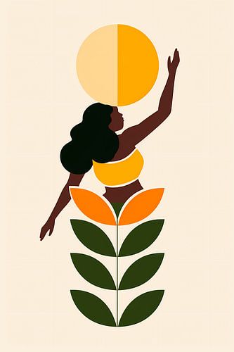 Minimalistische print van vrouw en zon