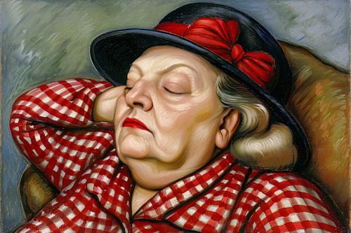 Slapende vrouw in rode geruite blouse