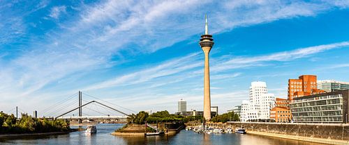 Panorama view of Gehry buildings and Rhine tower at the media harbour in Düsseldorf