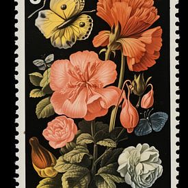 Vintage Stamp with Butterflies and Flowers by Digitale Schilderijen