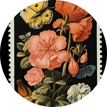 Vintage Postzegel met Vlinders en Bloemen van Digitale Schilderijen