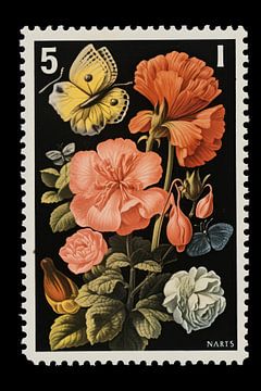Vintage Postzegel met Vlinders en Bloemen van Digitale Schilderijen