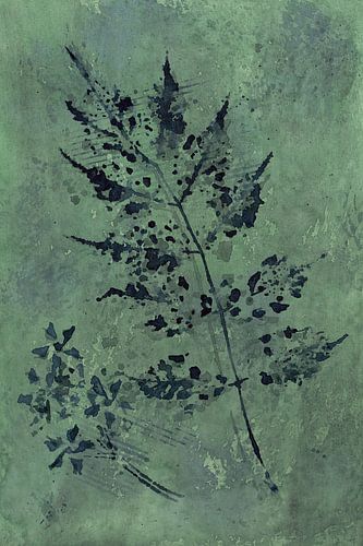 Blauer Zweig auf kühlem grünem Hintergrund (Aquarellmalerei Pflanzen Blumen Industrie botanisch