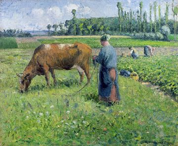 Camille Pissarro,Meisje die een koe in weide verzorgt