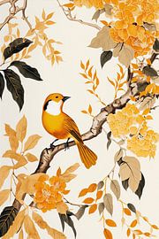 Orangefarbene Blumen und Vögel