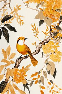 Orangefarbene Blumen und Vögel