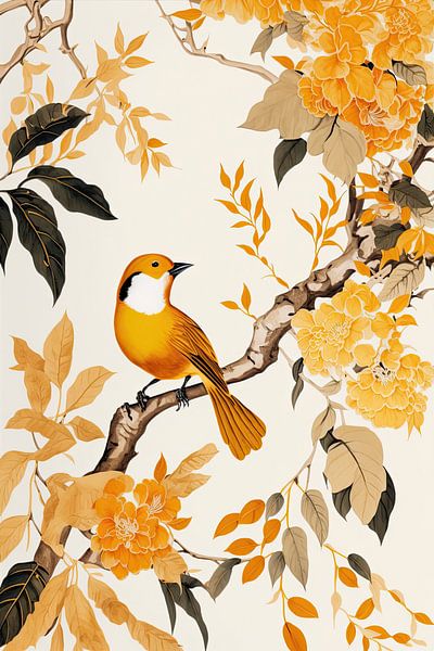 Oranje bloemen en vogels van Digitale Schilderijen