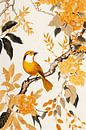 Oranje bloemen en vogels van Digitale Schilderijen thumbnail