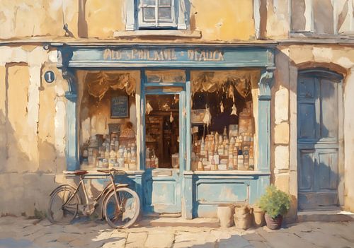 Karakteristieke oude winkelgevel in een Frans dorp