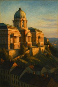 Die Skyline von Budapest: Burgkuppel und Dächer bei Sonnenuntergang