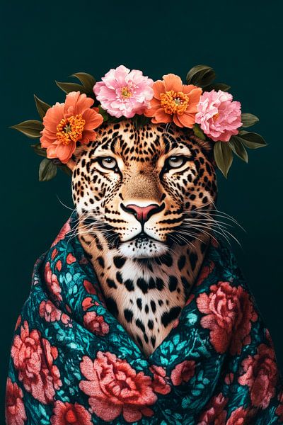 Schöner Leopard mit Blumenkranz von Poster Art Shop