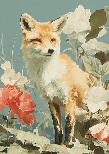 Red fox with flowers - oil painting impressionism