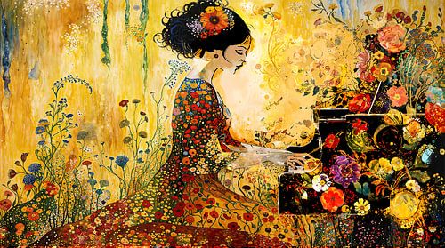 Woman at the Piano in Golden Colours - Romantic Painting by Arjen Roos