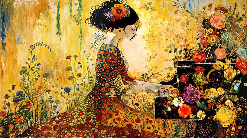 Woman at the Piano in Golden Colours - Romantic Painting by Arjen Roos