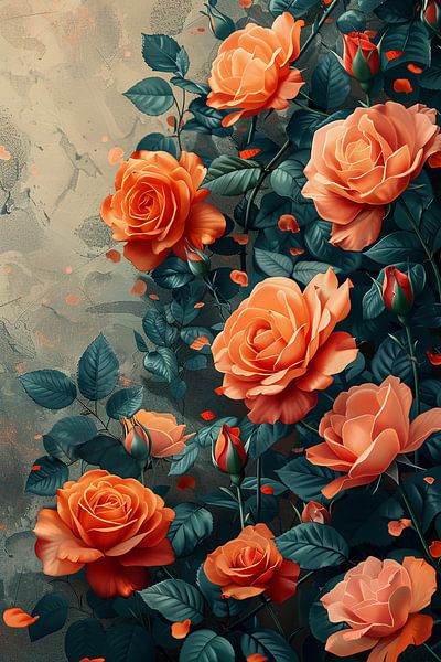 Orange Roses in Artistic Arrangement on Textured Background by Poster Art Shop