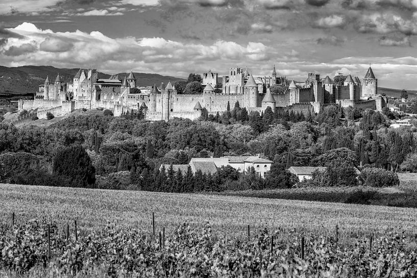 Panorama van de stad Carcassonne in Frankrijk in zwart-wit van Manfred Voss, Zwart-Wit Fotografie